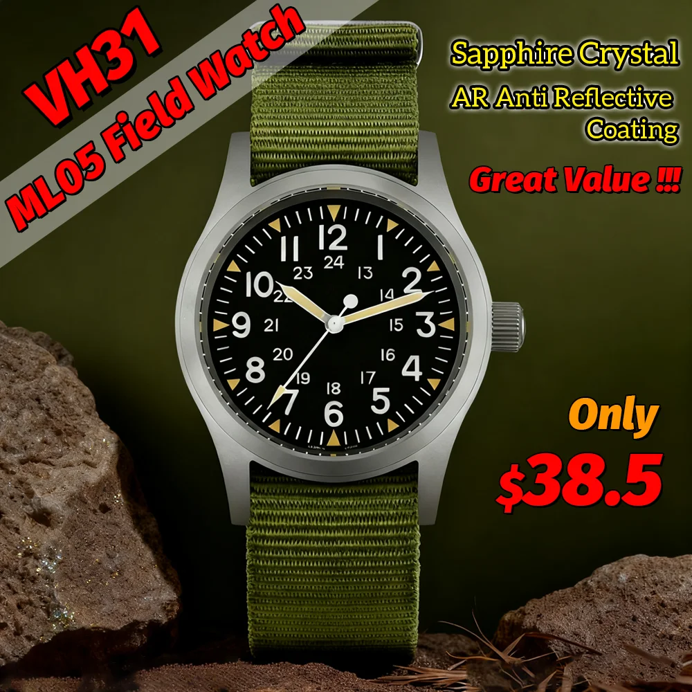 Jam Tangan Militado Ml05 Vintage Field VH31 Sweep Second Quartz Movement Sapphire Crystal High Clear AR Coating Luminous 38Mm