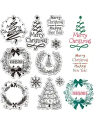 1Sheet Christmas Wreath Clear Rubber Stamps Christmas Trees Snowflake Reusable Transparent Silicone Stamp Seals for Xmas Winter
