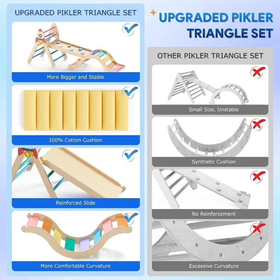 쿠션이 포함된 피클러 삼각형 세트 9in1 유아용 등반 장난감 13개 몬테소리 유아용 실내 대형 목재 등반 장난감