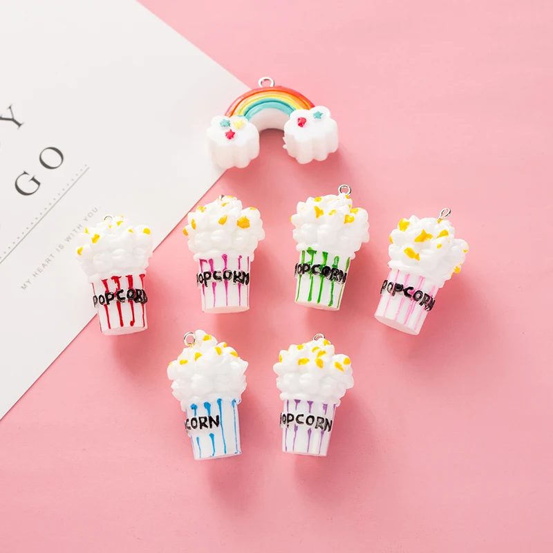 10pcs 3D 34*22mm Resin Popcorn Rainbow Charms Very Cute Keychain Pendant Necklace Pendant for DIY Decoration Dollhouse Snack