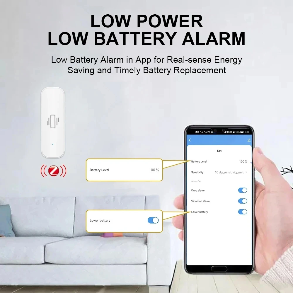 Sensor de vibración inteligente ZigBee, Monitor por aplicación, protección de seguridad para el hogar, alarma de choque de movimiento, compatible con Tuya Smart Life Zigbee2MQTT