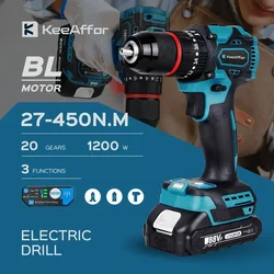 KEEAFFOR-taladro de impacto eléctrico inalámbrico, destornillador sin escobillas, batería Makita de 18v, 450nm, 1200W, 20 engranajes