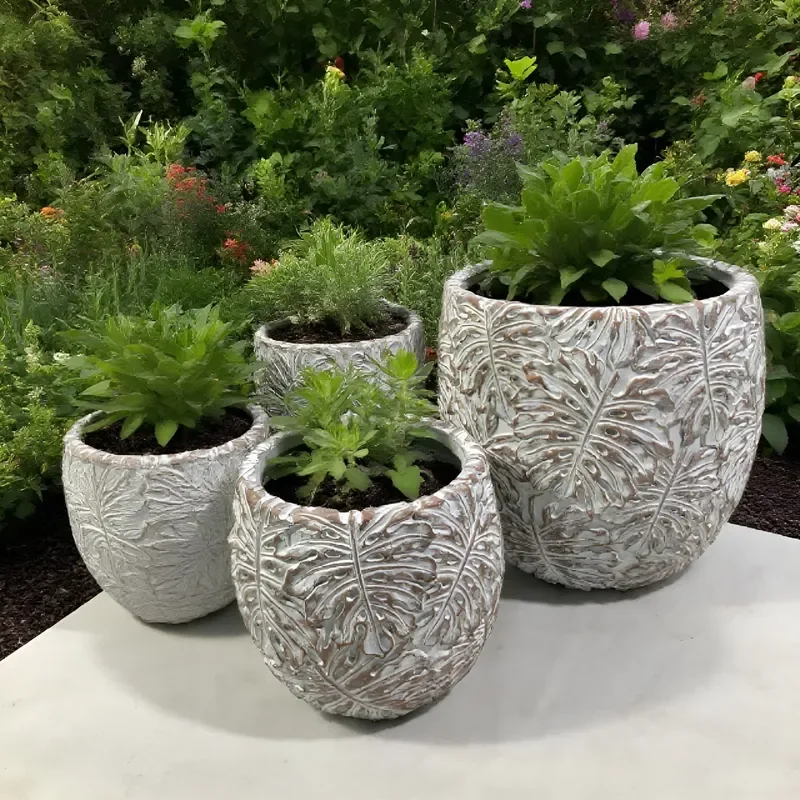 for Europe Style Durable Eco-Friendly Round Cement Outdoor Planter with Powder Coated Drainage Holes 50-100L Green Palm Leaf