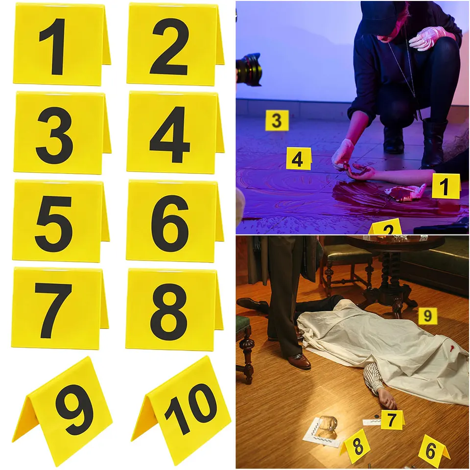 Produktbild von 10 Acryl-Beweismarker 1–10, Doppelseitig, Gelb – Für Tatort-Deko, Krimi-Partys & Halloween