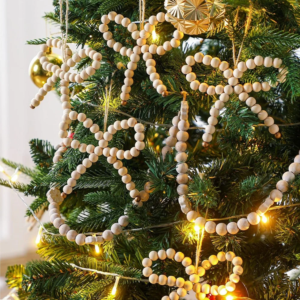 6 قطع من زينة عيد الميلاد لمزرعة بوهو، أقواس خرز خشبية قابلة للتعديل لتزيين الأشجار، زينة عيد الميلاد الحديثة الطبيعية لقضاء العطلات