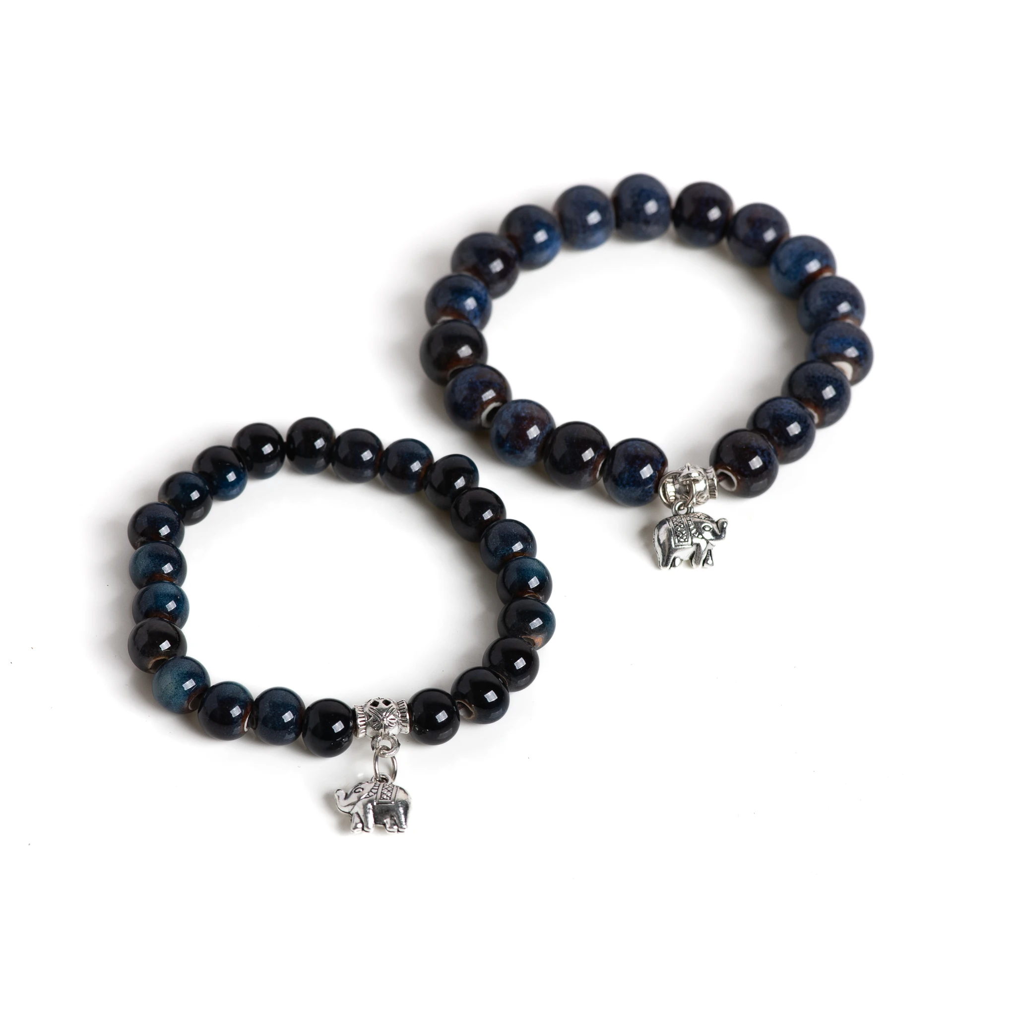 Handmade Ceramic Elephant Bracelet Boho Stretchable Jewelry Unisex Gemstone Blue Beads Two Sizes