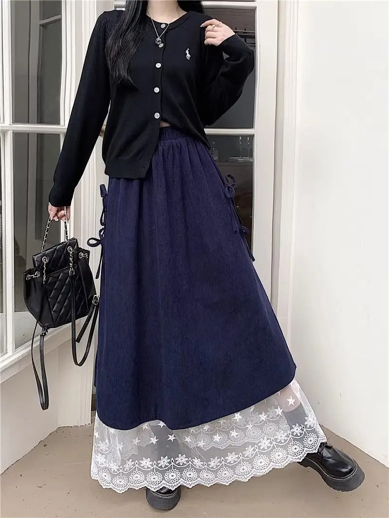 تنورة نصف تنورة جديدة من الدانتيل لعام 2025 للنساء لربيع وصيف تنورة طويلة فضفاضة للتخسيس على شكل حرف a