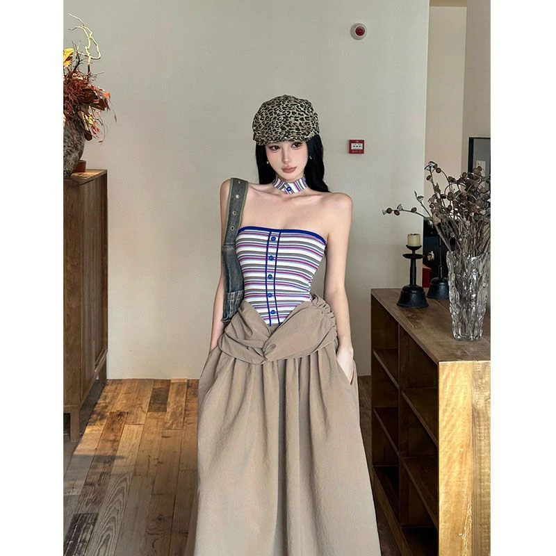 

MEXZT Y2K Striped Midi Dress Women Streetwear Sexy Strapless Patchwork Dresses Summer Fashion Korean Bodycon A Line Vestidos New