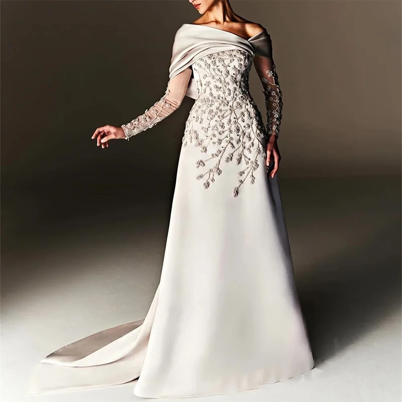 

Customized Luxury Off the shoulder Formal Evening Dresses Lace Long sleeves Applique Court Train Prom Dresses abiti da cerimonia