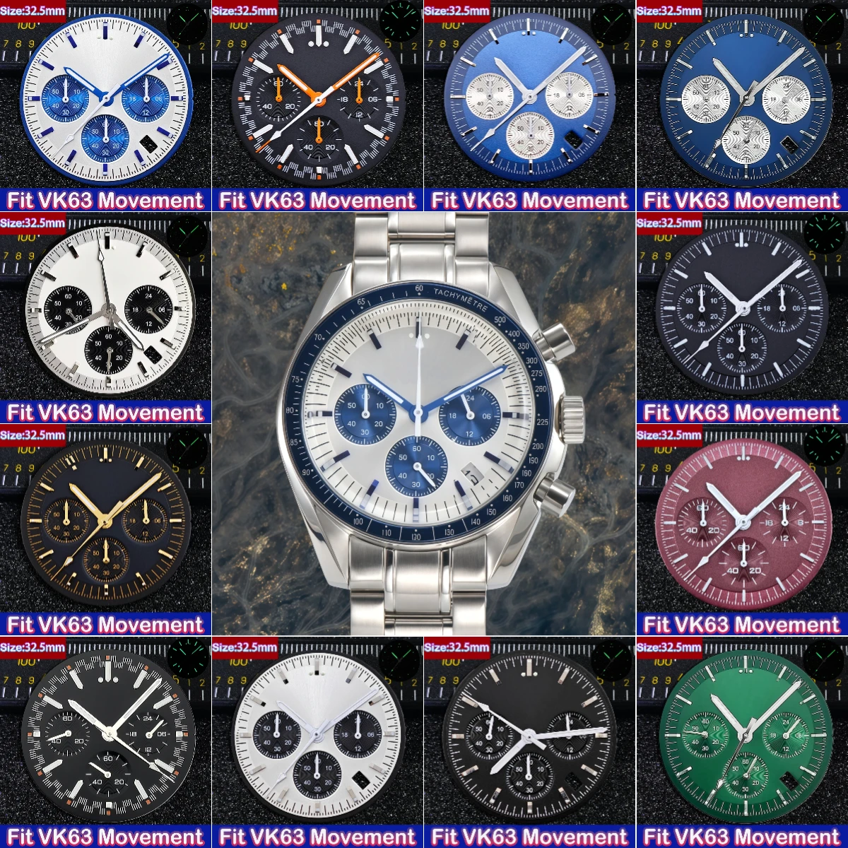 32.5MM VK63 Dial Green Luminous Dial Fit VK63 Movement Speed Master Dial VK63 Watch Replacement Part Accessories