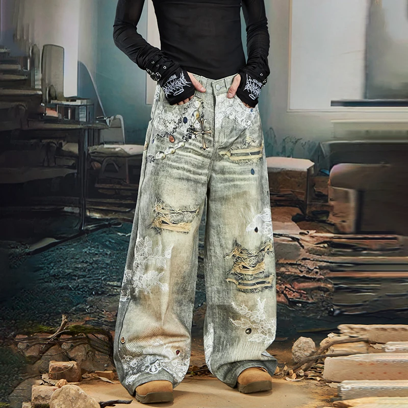 LUZHEN Originele Gepersonaliseerde 3D Patroon Gedrukt Losse Rechte Jeans Heren 2025 Nieuwe High Street Fashion Denim Broek Mannelijke JY3545