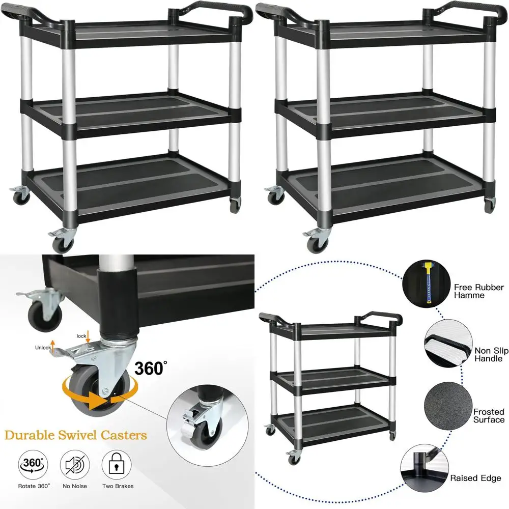 

3-Tier Heavy Duty Rolling Utility Cart with Lockable Wheels, 420lbs Capacity, Ideal for Restaurant and Warehouse Use, Black