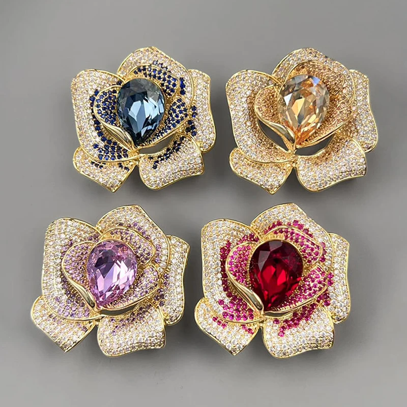 Fashion Exquisite Rhinestone Crystal Flower Brooch For Women Clothing Coat Jewelry Accessries Gifts