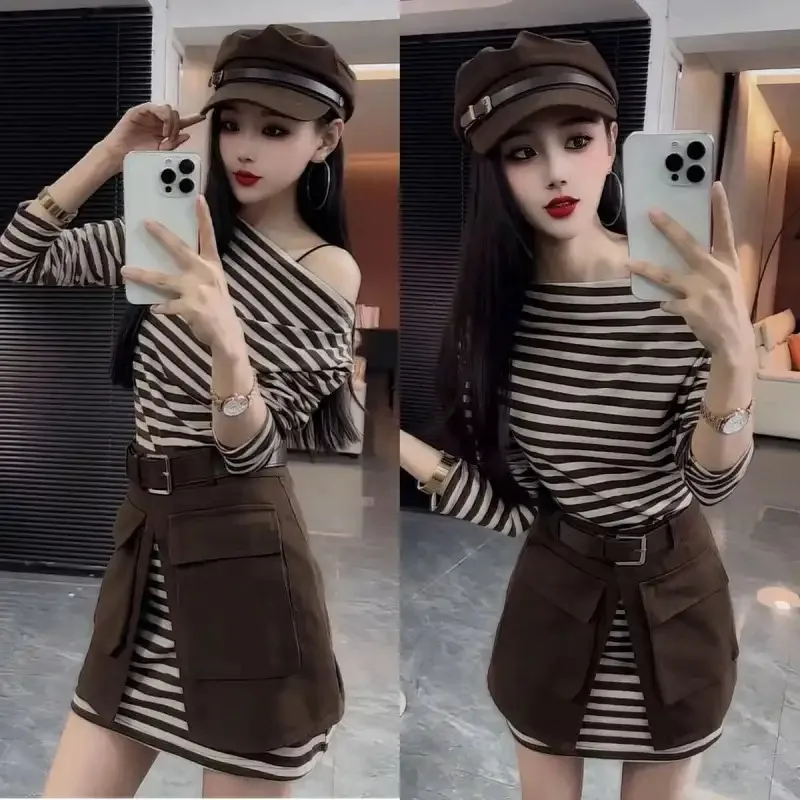 خريف جديد الكورية نمط واحد الكتف مخطط طويل الأكمام تي شيرت المرأة موضة عالية الخصر ملابس العمل تنورة قطعتين مجموعة #2