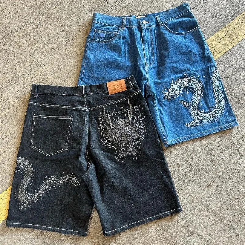 2024 Summer Retro Denim Shorts Y2K Men Women Fashion Loose Bounty Dragon Pattern Gothic Hip Hop Shorts Street Wear