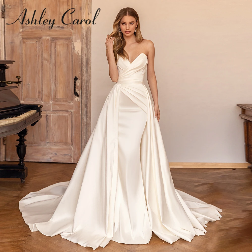 Ashley Carol 2 In 1 Mermaid Wedding Dress 2023 Satin Simple Sweetheart Detachable Train Charming Wedding Gown Vestidos De Novia