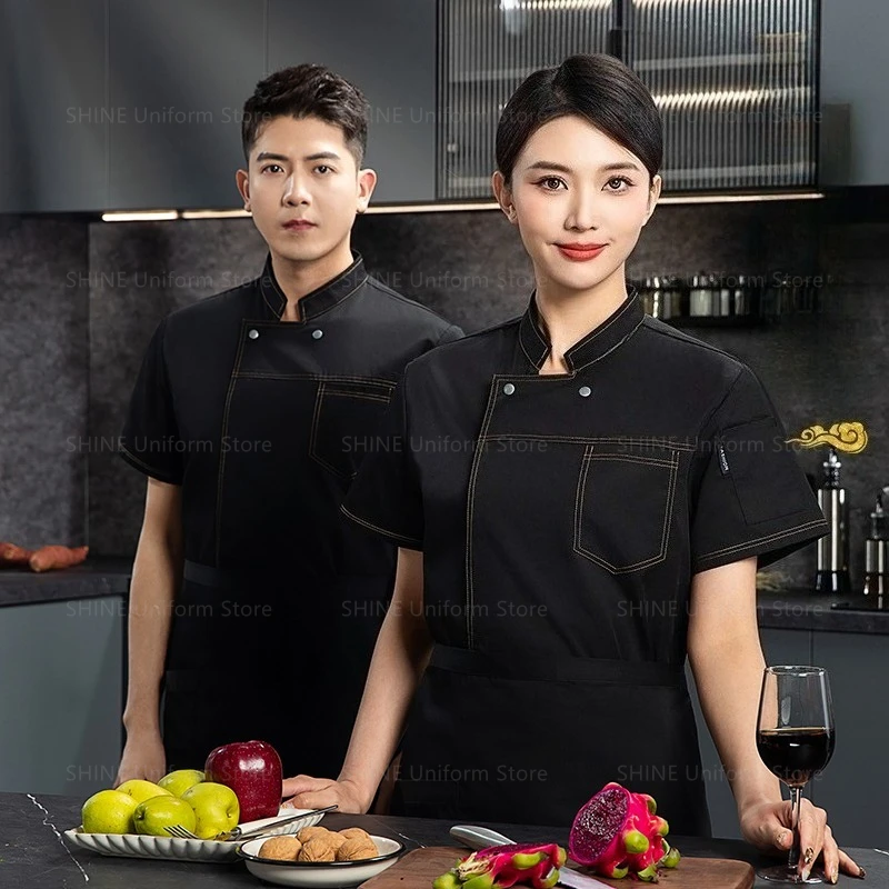 

Restaurant Breathable Chef coat black Chef uniform apron work clothes logo Chef shorts Summer Men Kitchen short sleeve Jacket