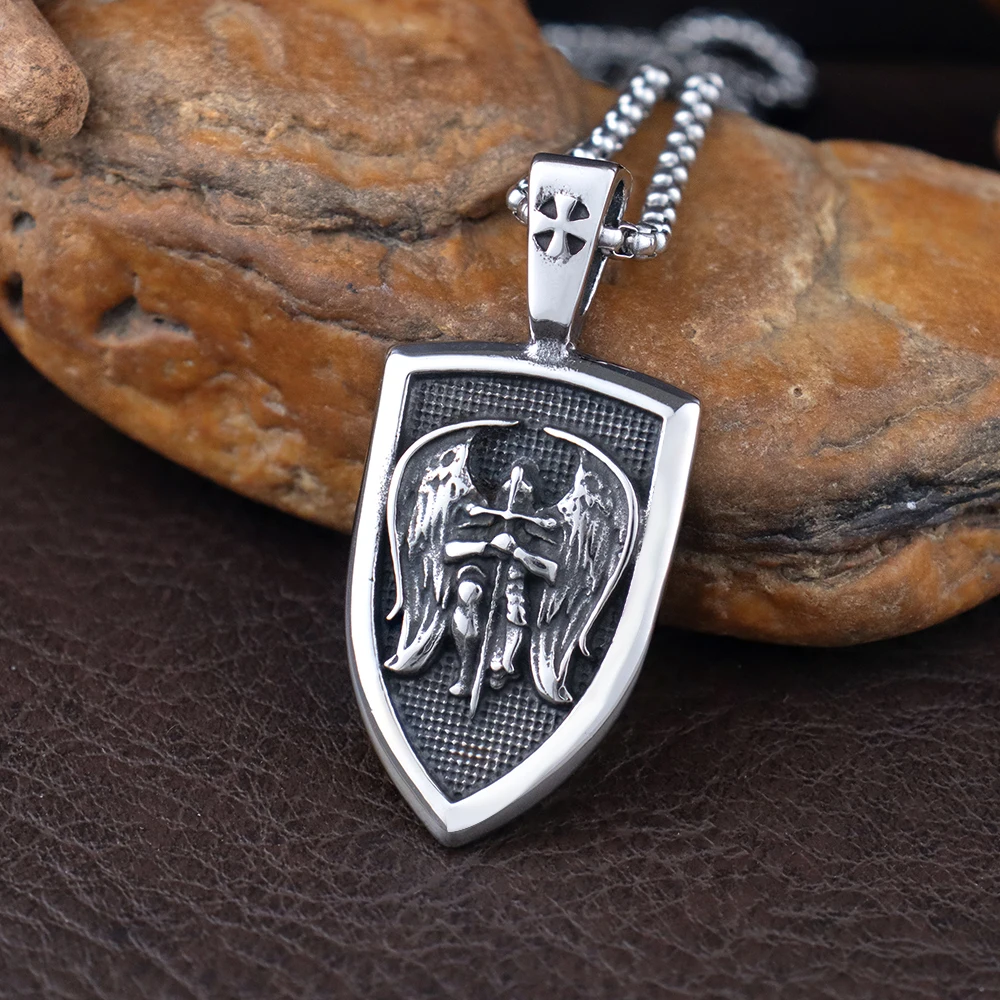 Vintage Belief Knight Shield Pendant for Men Gift Stainless Steel Classic Angel Saint Michael Necklaces Amulet Jewelry Wholesale