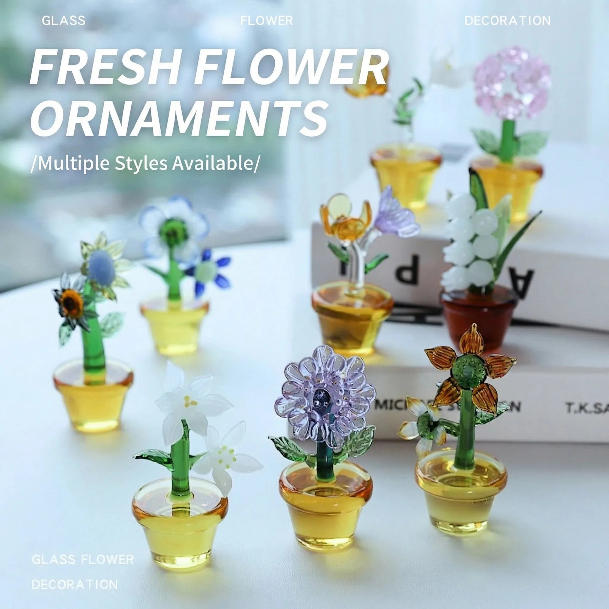Murano Glass Mini Flower Figurines Handmade Floral Ornament Decorative Small Glass Plants Desk Home Decoration Gift Collection