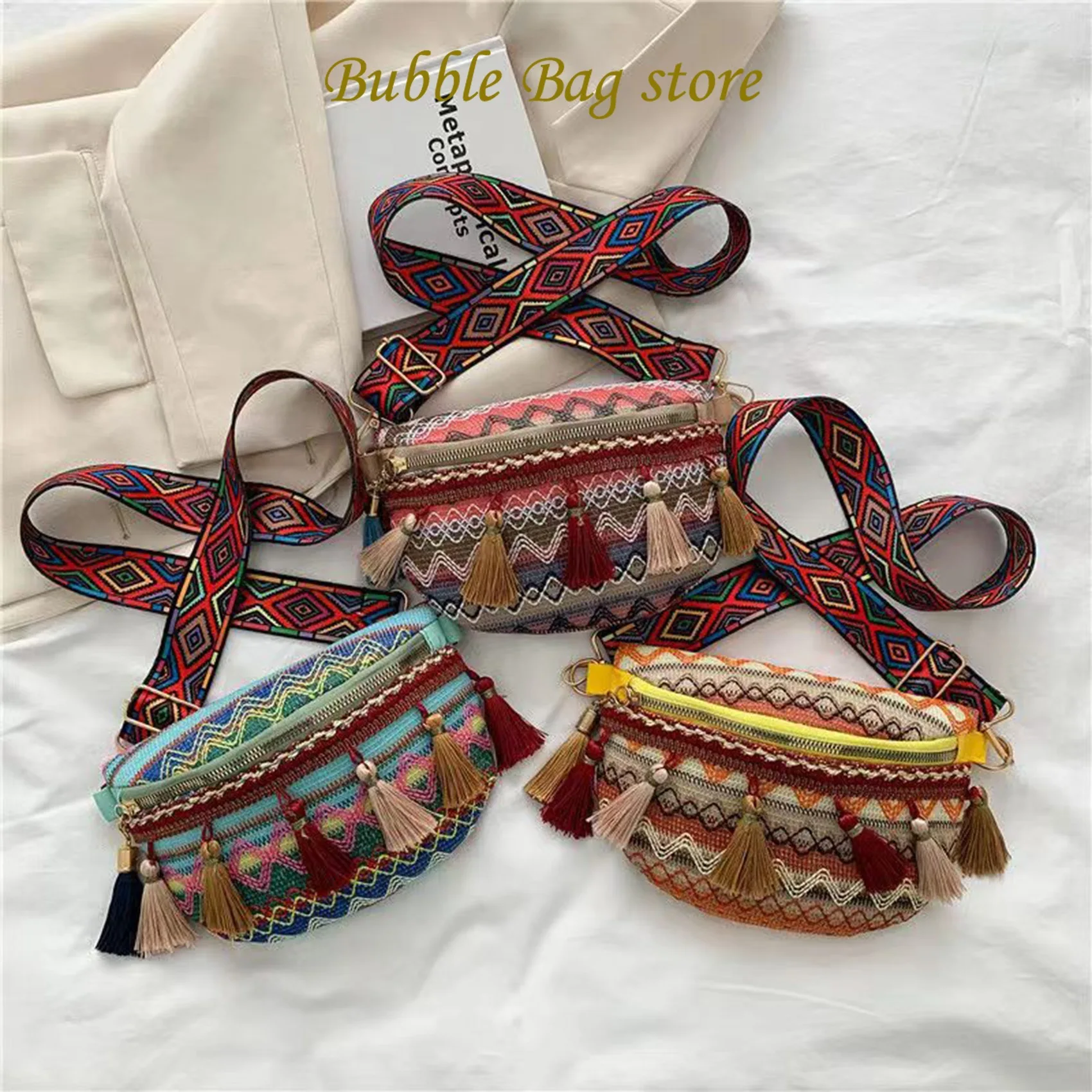 

Women's Crossbody Bag Ethnic Style Tassel Decor Diagonal Straddle Bag Feminina Single Shoulder Bag Variegated Color Chest Pouch