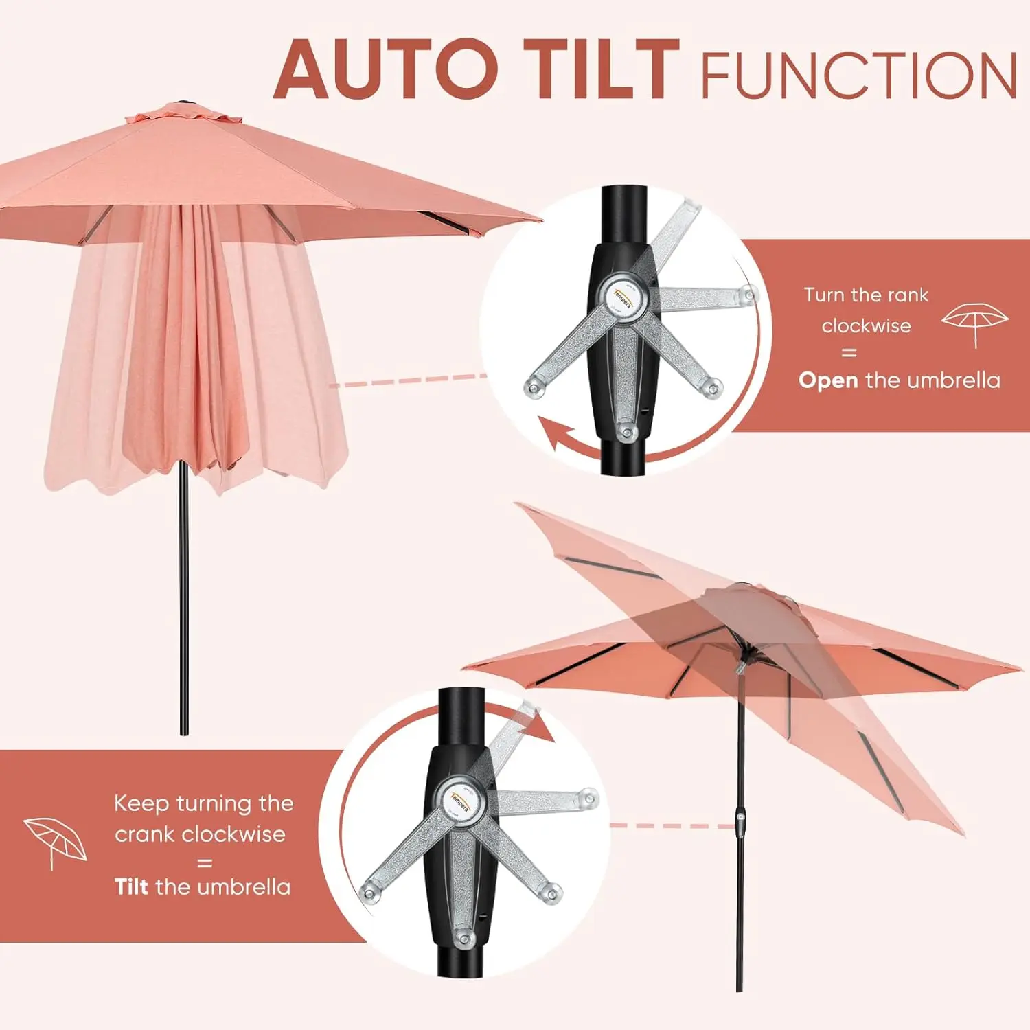 9ft Outdoor Table Umbrella with Auto Tilt and Crank,Large Sun Umbrella with Sturdy Pole&Fade resistant canopy,Easy to 32