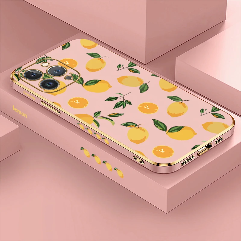 

Plating TPU Phone Case For iPhone 16E 16 17 Pro Max 17Air 15 Pro 14 Plus Soft Silicone Fruit Lemon Cherry Pattern Bow Knot Cover