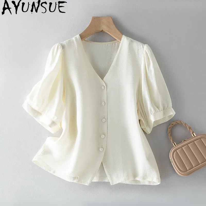 

AYUNSUE 100% шелковые женские блузки и рубашки, стильные топы с пышными рукавами для женщин, французская рубашка с V-образным вырезом, женская одежда Ropa De Mujer
