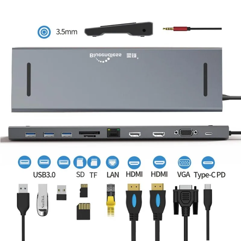 

Концентратор 11-в-1 USB-C типа C с 4K VGA Dual HDMI PD 100 Вт USB 3.0 SD, TF, 3,5 мм аудио RJ45 Ethernet для MacBook Pro/Air/Dell/HP