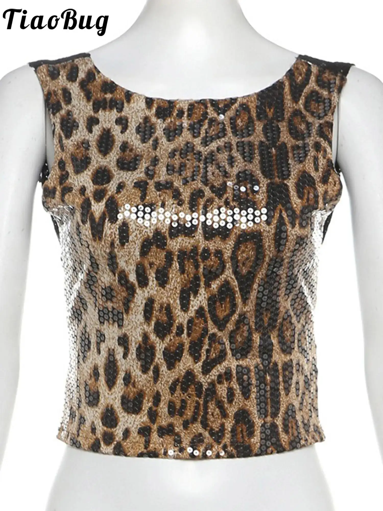

Women Glitter Leopard Pattern Sequin Tank Top Wild Sleeveless See Through Floral Lace Open Back Crop Vest for Club Party Raves