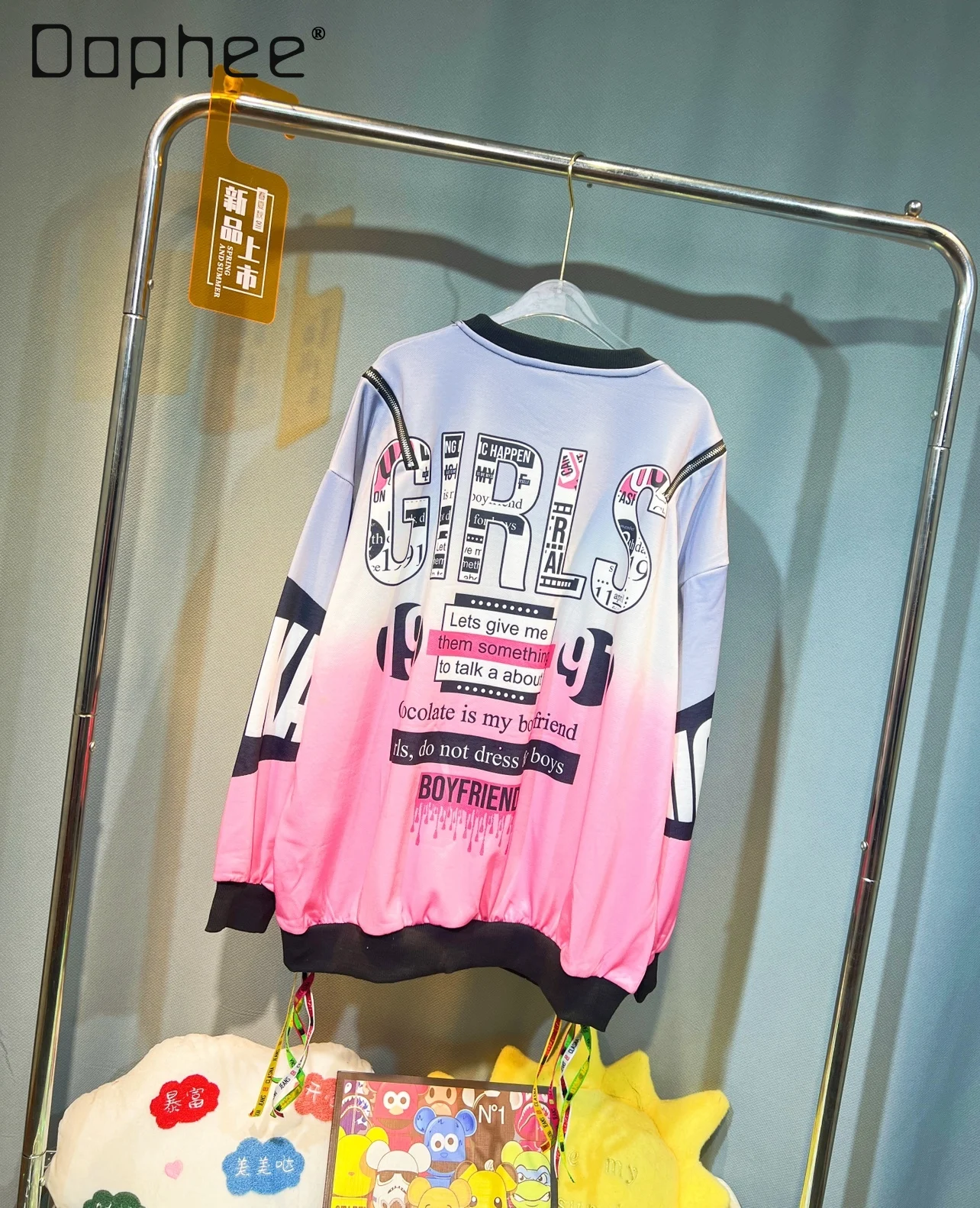 Fashion Cartoon Rhinestone Sweatshirt Women Autumn New Loose Mid-Length Round Neck Letter Print Colorful Ribbon Long Sleeve Top