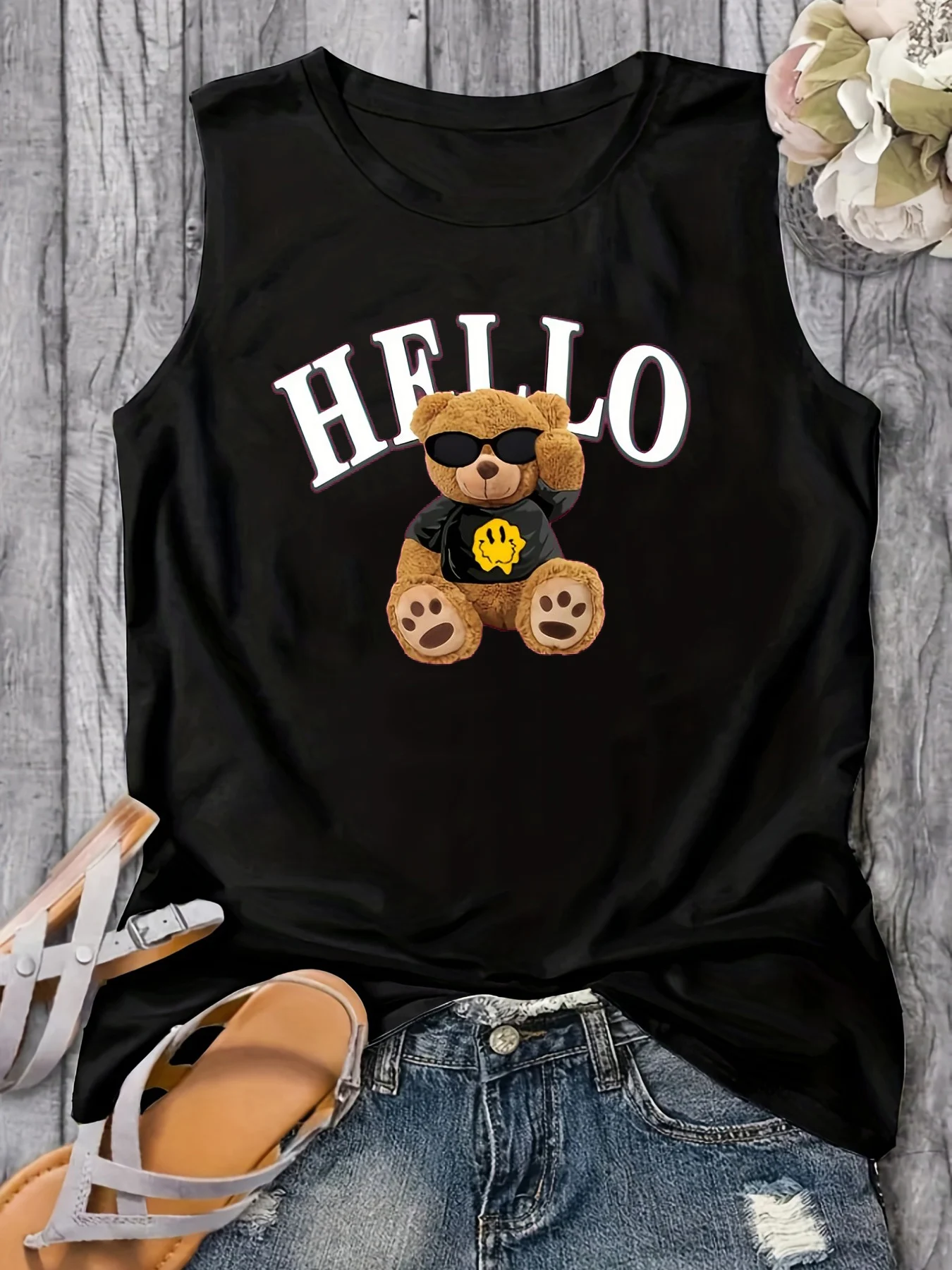 Women\'s Christmas Day long sleeved T-shirt &Summer Casual Loose Size  BEAR cartoon Print Round Neck Sleeveless Tank Top T-shirt