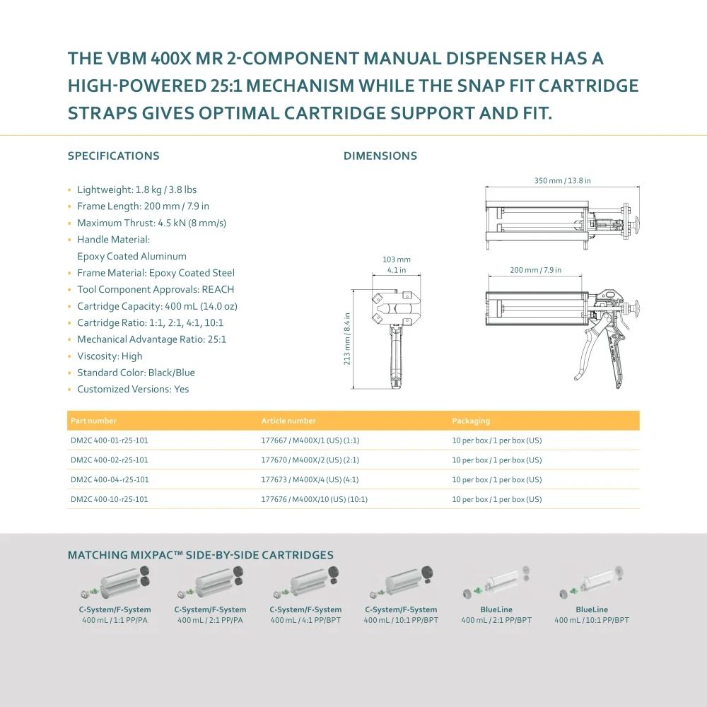 SULZER COX VBM 400X MR A 2-Component Manual 400mL 1/2/4/10:1 Dispenser For Cartridges Glue Gun（Please advise the required ratio）