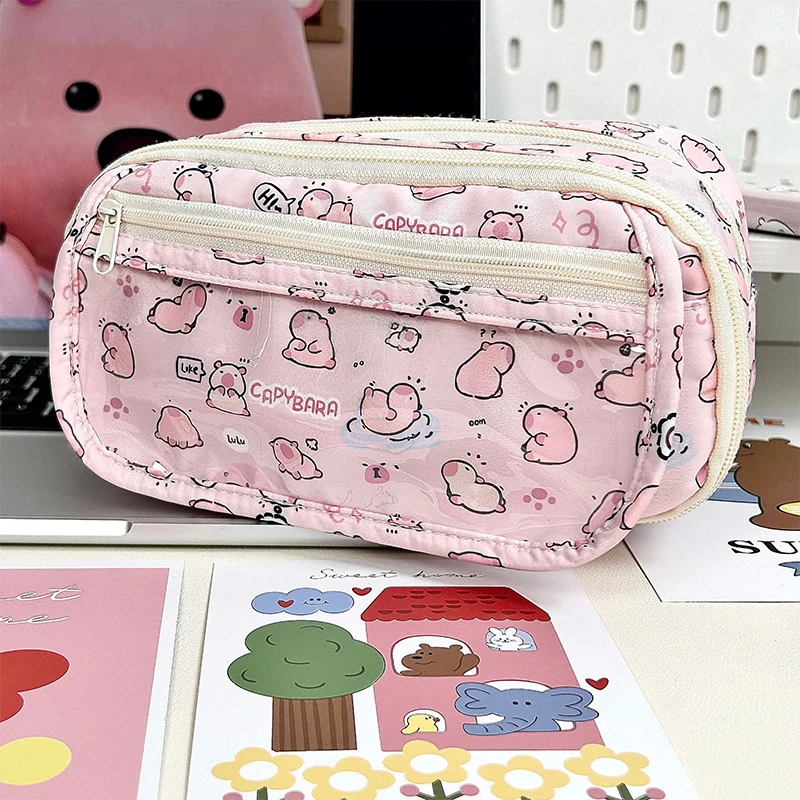 Cartoon Pink Capybara Pencil Storage Bag Kawaii Pencil Box Large Capacity Pencil Case School Stationery Case Makeup Bag image 4