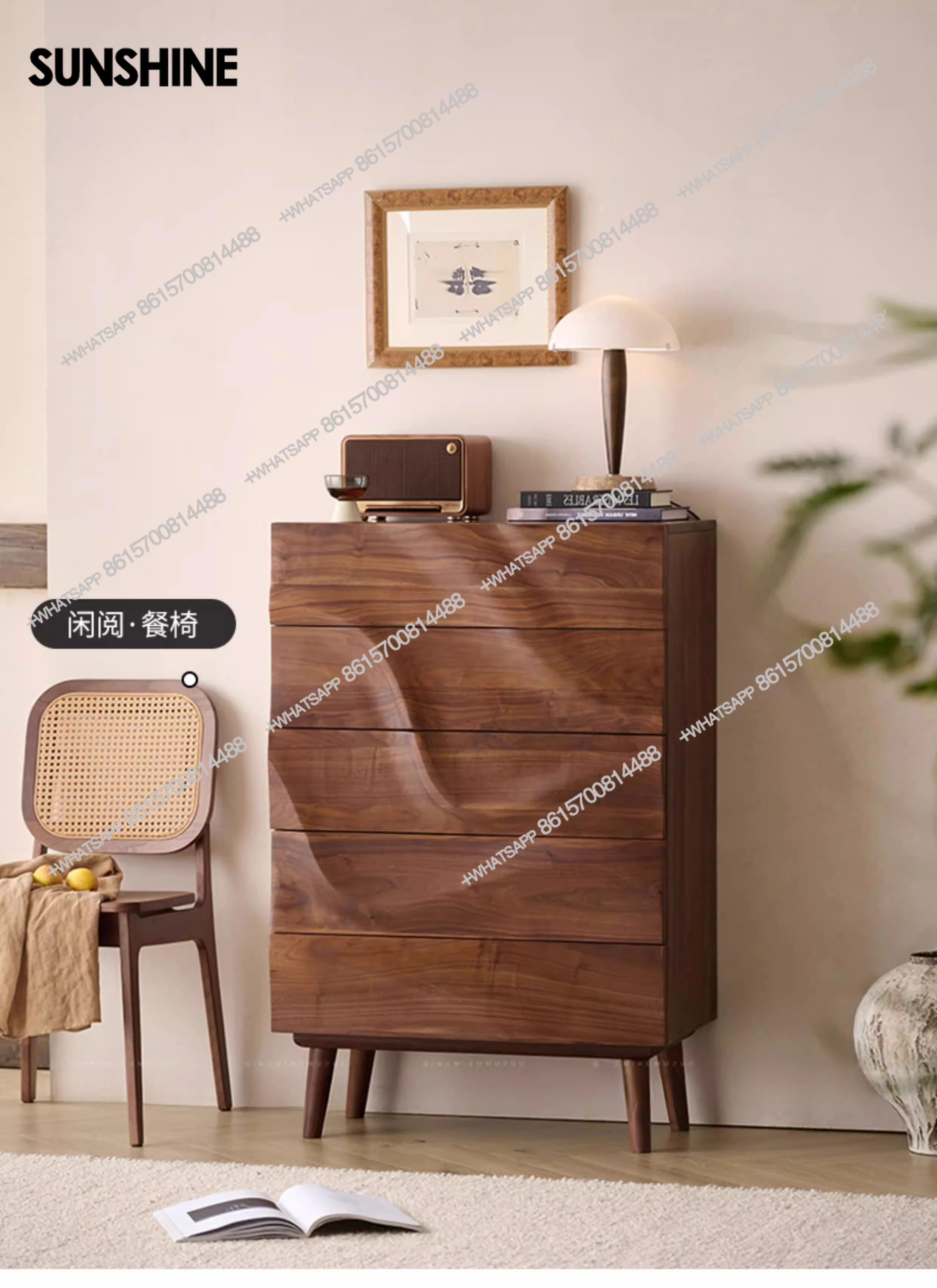 Black walnut wavy chest of drawers living room all solid wood 3D three-dimensional drawer cabinet