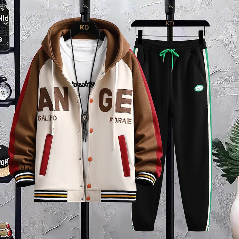 Spring Autumn Men Sets Tracksuit Casual Joggers Hooded Sportswear Jackets Pants 2 Piece Hip Hop Running Sports Suit