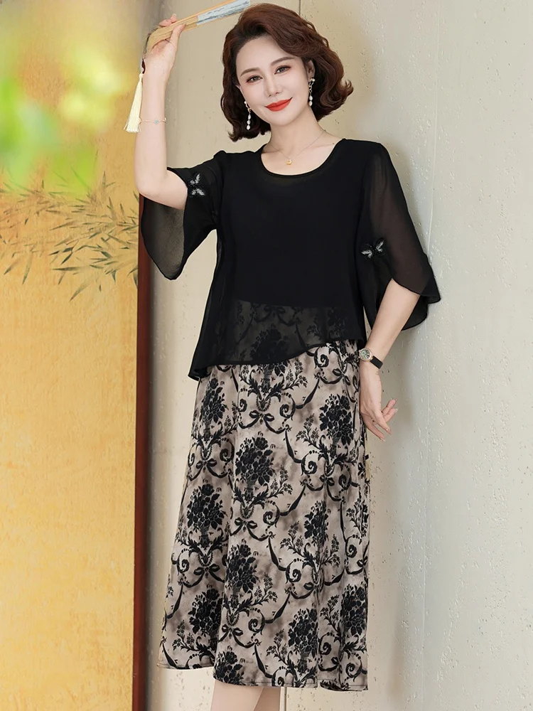 

Летний модный комплект с коротким рукавом и юбкой миди для женщин среднего возраста: полиэстер, шифон, элегантная женская одежда