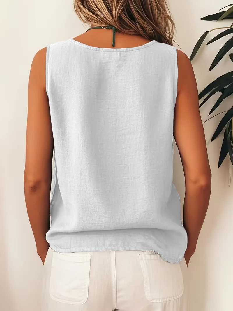 2026 Europäische und Amerikanische Neue Damen Freizeit-Colorblock-Ärmellose Knopfbluse mit seitlicher Einreihiger Knopfleiste, Rundhals – Detail 7