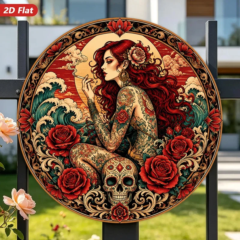 CIFBUY Vintage Gothic Siren Rose Skull Tattoo Aluminum Wall Art Waterproof Wear Resistant Sign Home Bedroom Kitchen Corner Decor