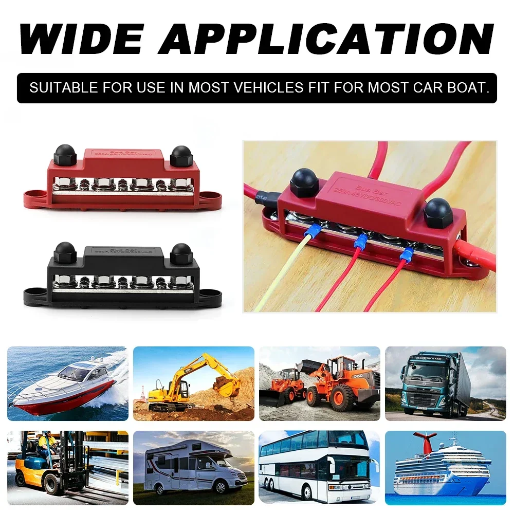 

12V-48V 250A Bus Bar Terminal Battery Power Distribution Block With Cover M8 Screw 4 for Automobile Boat RV Truck