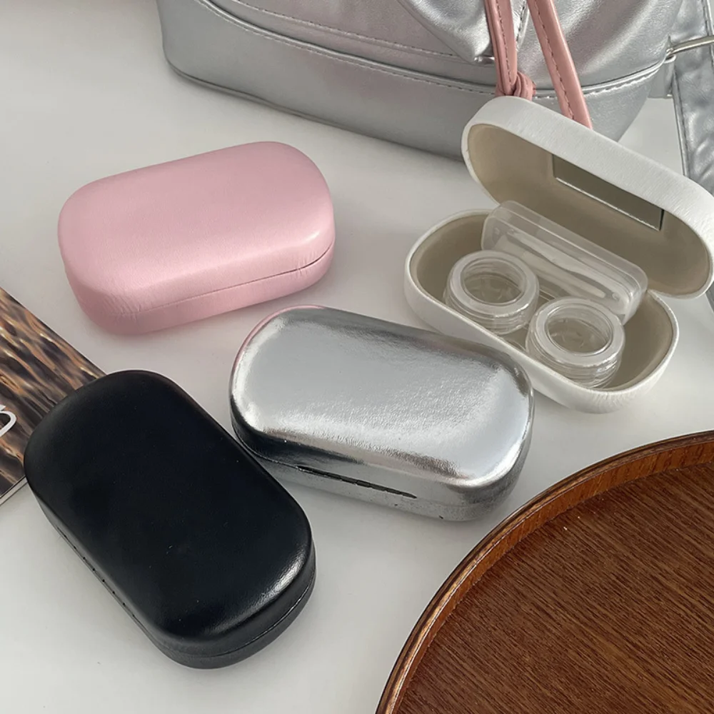 

Korean Chic Contact Lens Case Solid Color Contact Lenses Companion Case Leather With Mirror Large Care Box Eyewear Accessories