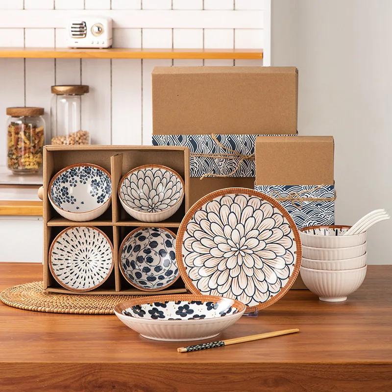 Set of Japanese style ceramic bowls hand-painted underglaze ceramic tableware a fine addition to any kitchen and an ideal gift