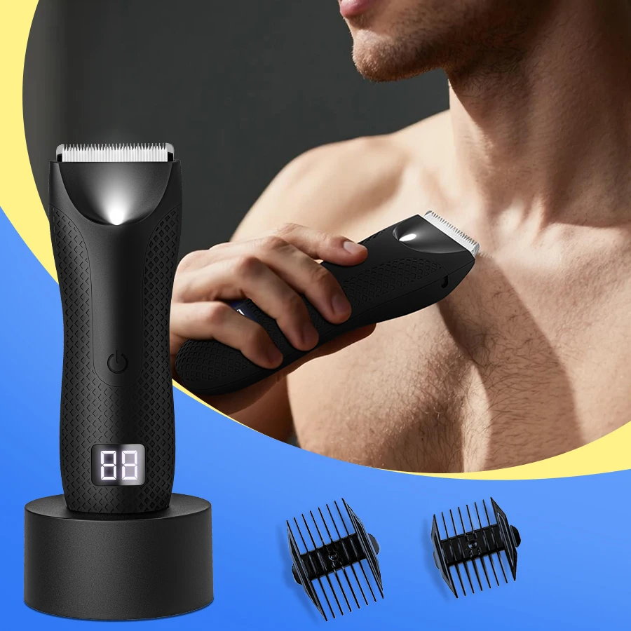 Men Electric Body Hair Trimmer IPX6 Pubic Hair Shaver LED Digital Display Groin Hair Clipper Ceramic