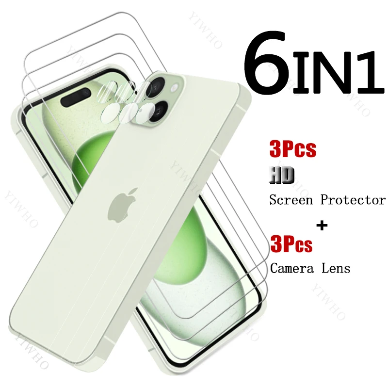 زجاج غطاء كامل لهاتف ابل ايفون 15 بلس ، يفتح ببصمة اليد ، واقي للشاشة ، فولاذ واقي ، عدسة الكاميرا ، 6.7"