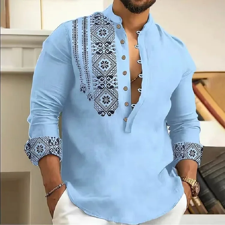 Men Long Sleeve Button-Down Shirt Blouse Loose Henley V-Neck Beach Tops T Shirts