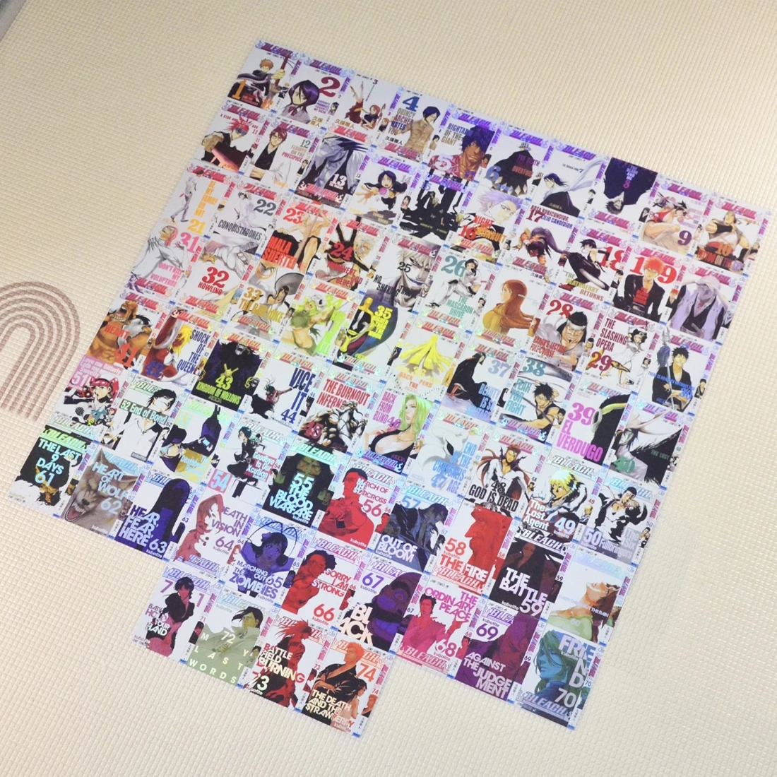 

74PCS/set Diy Bleach Kurosaki Ichigo Comic Cover Book Spine Frosted Laser Flash Card Inoue Orihime Nelliel Anime Collection Card