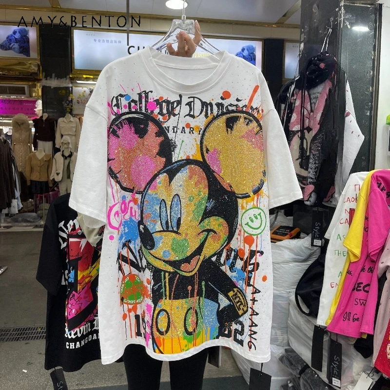 

2026 Spring New Tees Cartoon Rhinestone Loose Large Cute Y2k Tshirts Age-Reducing Short Sleeves Round Neck Top T-shirt For Women