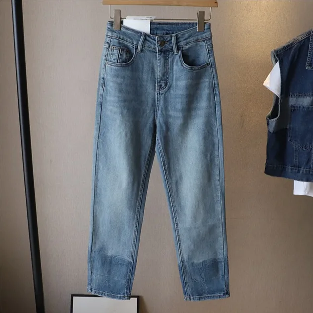 Pantaloni a sigaretta in denim di piccole dimensioni versatili a vita alta Pantaloni da donna a nove punti con gamba dritta che dimagriscono il pane francese Primavera Aut...