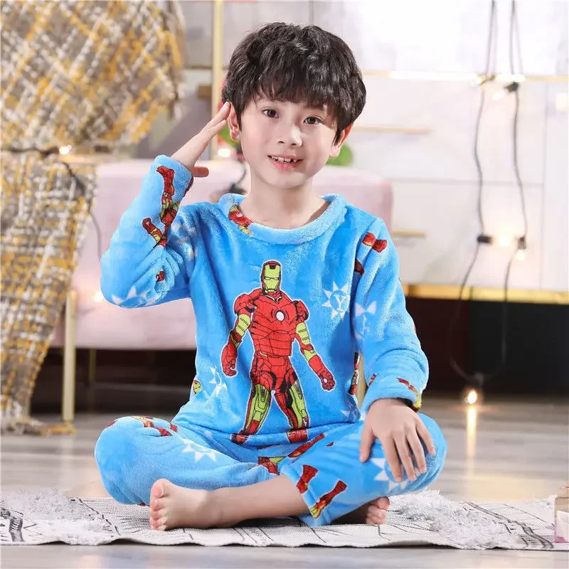 Movie Marvel Avengers IronMan Spider-Man Cartoon Children's Spring and Autumn Flannel Warm and Comfortable Home Clothing Pajamas