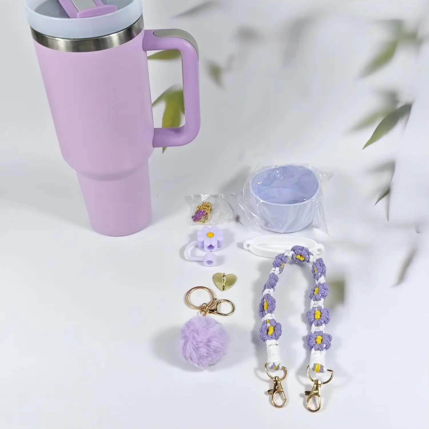 For Stanley Water Cup Keychain Charms Woven Daisy Cup Straps Straw Toppers & Cup Sleeve Accessories for Outdoor Sports Travel