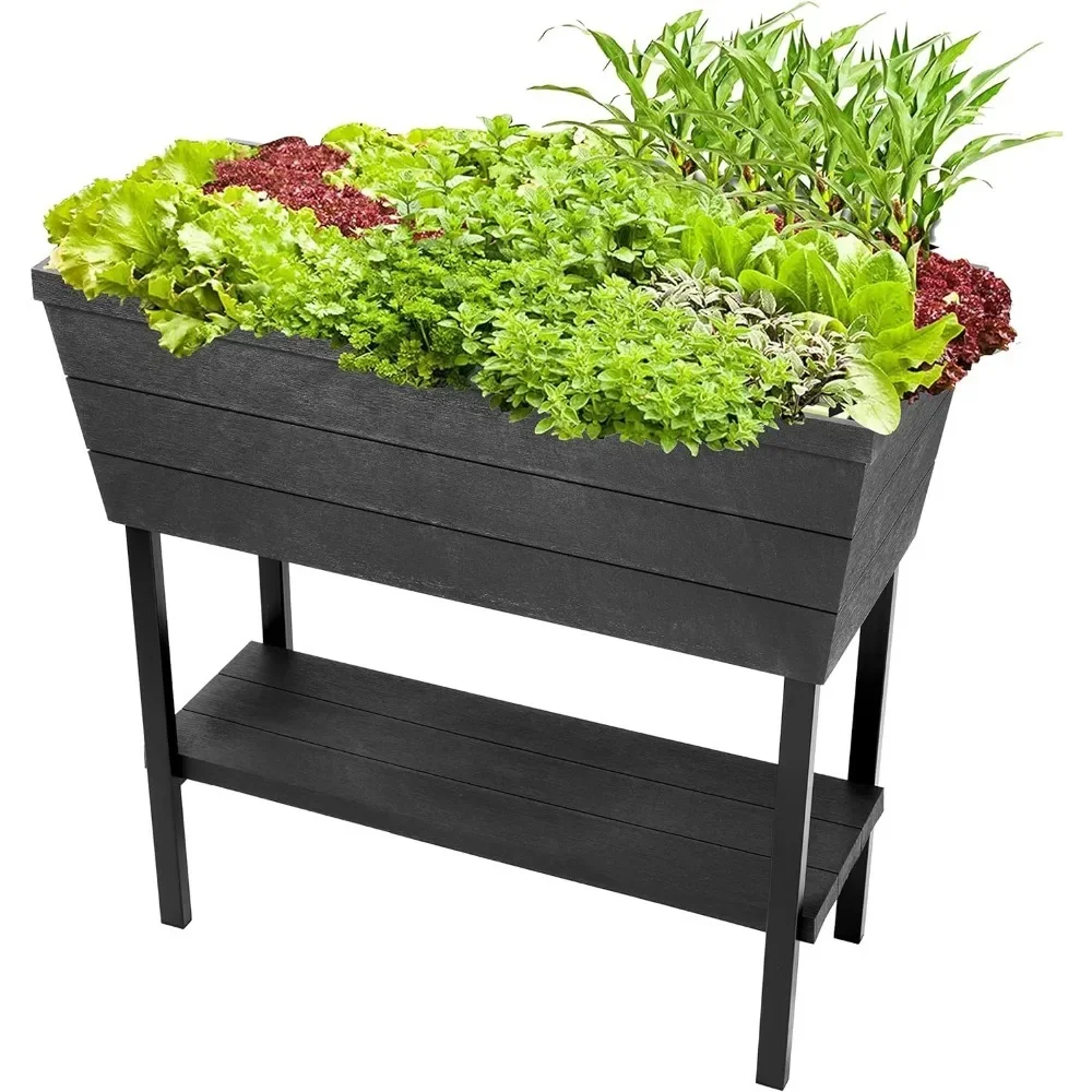 12.7 Gallon Raised Garden Bed with Self Watering Planter Box and Drainage Plug, Dark Grey